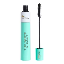 Mascara with blue casing and black brush on a white background