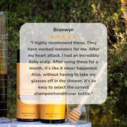 Two bottles of shampoo with a text overlay on a blurred natural background